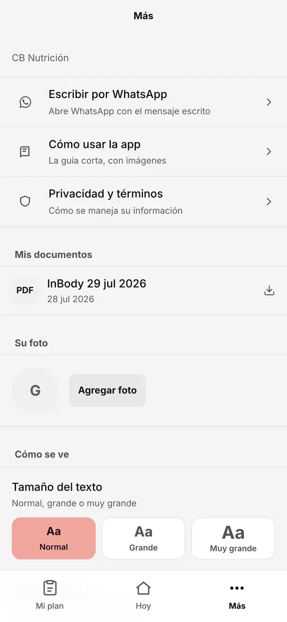 Pantalla real de Más: contacto por WhatsApp y documentos de la medición InBody.