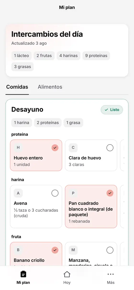 Pantalla real de Mi plan: intercambios del día y opciones para el desayuno.